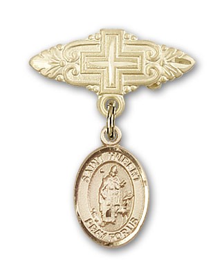 Pin Badge with St. Hubert of Liege Charm and Badge Pin with Cross - Gold Tone