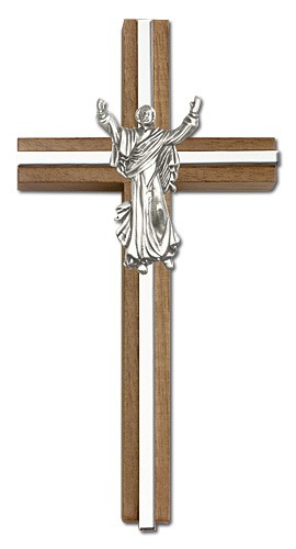 Risen Christ Wall Cross in Walnut and Metal Inlay 6&quot; - Silver tone