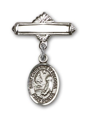 Pin Badge with St. Catherine of Bologna Charm and Polished Engravable Badge Pin - Silver tone