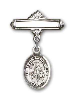 Pin Badge with Lord Is My Shepherd Charm and Polished Engravable Badge Pin - Silver tone