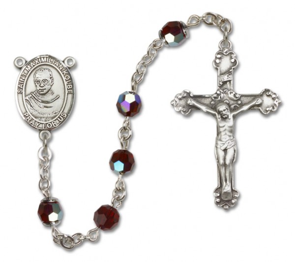 St. Maximilian Kolbe Sterling Silver Heirloom Rosary Fancy Crucifix - Garnet