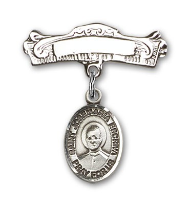 Pin Badge with St. Josemaria Escriva Charm and Arched Polished Engravable Badge Pin - Silver tone