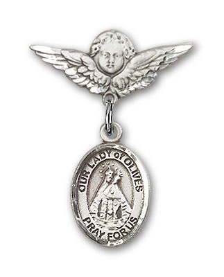 Pin Badge with Our Lady of Olives Charm and Angel with Smaller Wings Badge Pin - Silver tone