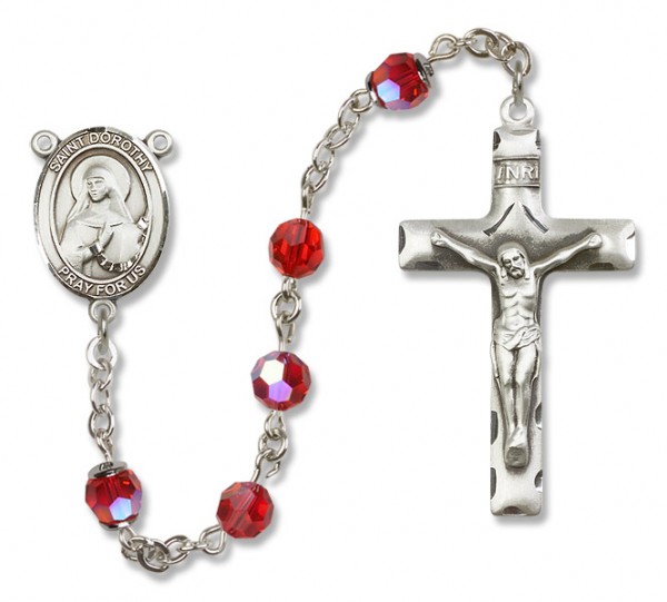 St. Dorothy Sterling Silver Heirloom Rosary Squared Crucifix - Ruby Red
