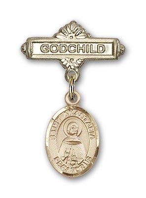 Pin Badge with St. Anastasia Charm and Godchild Badge Pin - Gold Tone