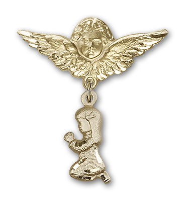 Baby Pin with Praying Girl Charm and Angel with Larger Wings Badge Pin - Gold Tone