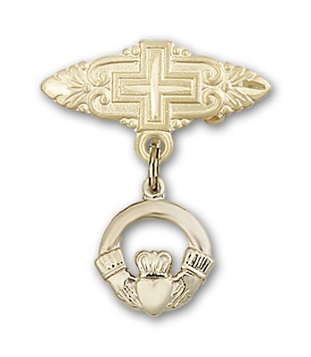Pin Badge with Claddagh Charm and Badge Pin with Cross - 14K Solid Gold