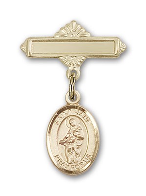 Pin Badge with St. Jane of Valois Charm and Polished Engravable Badge Pin - 14K Solid Gold