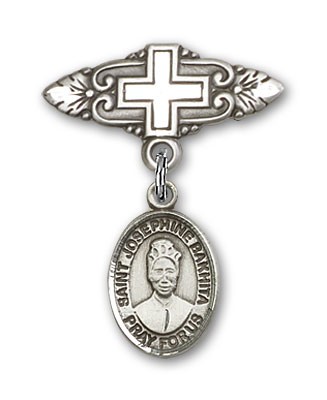 Pin Badge with St. Josephine Bakhita Charm and Badge Pin with Cross - Silver tone