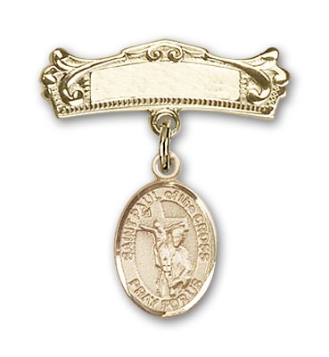 Pin Badge with St. Paul of the Cross Charm and Arched Polished Engravable Badge Pin - Gold Tone