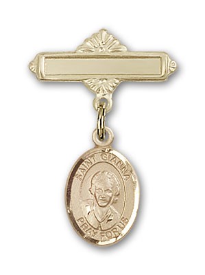 Pin Badge with St. Gianna Beretta Molla Charm and Polished Engravable Badge Pin - 14K Solid Gold