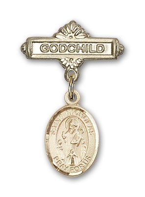 Pin Badge with St. Nicholas Charm and Godchild Badge Pin - Gold Tone