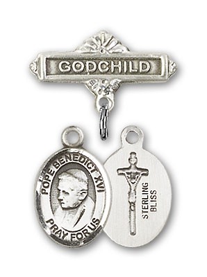 Baby Badge with Pope Benedict XVI Charm and Godchild Badge Pin - Silver tone