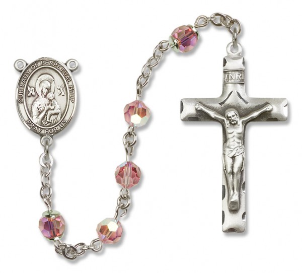 Our Lady of Perpetual Help Sterling Silver Heirloom Rosary Squared Crucifix - Light Rose