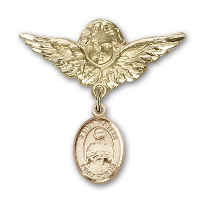 Pin Badge with St. Kateri Charm and Angel with Larger Wings Badge Pin - 14K Solid Gold