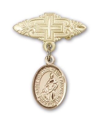 Pin Badge with St. Thomas of Villanova Charm and Badge Pin with Cross - Gold Tone