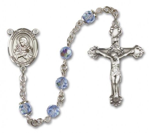 Mater Dolorosa Sterling Silver Heirloom Rosary Fancy Crucifix - Light Sapphire