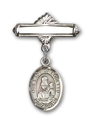 Pin Badge with Our Lady of Loretto Charm and Polished Engravable Badge Pin - Silver tone