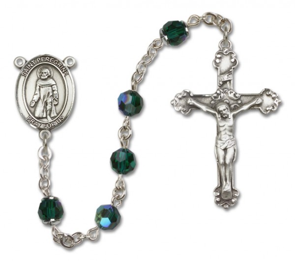 St. Peregrine Laziosi Sterling Silver Heirloom Rosary Fancy Crucifix - Emerald Green