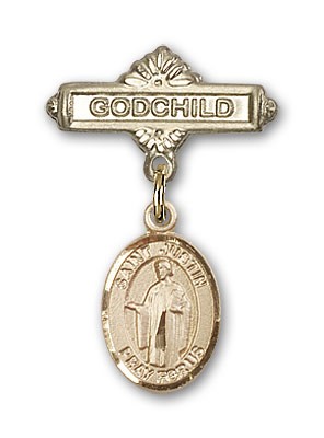 Pin Badge with St. Justin Charm and Godchild Badge Pin - Gold Tone