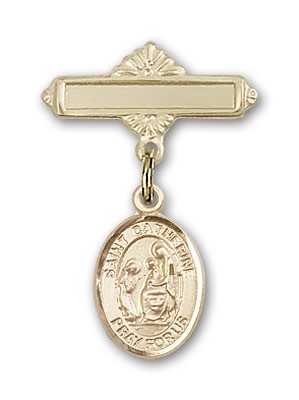 Pin Badge with St. Catherine of Siena Charm and Polished Engravable Badge Pin - 14K Solid Gold