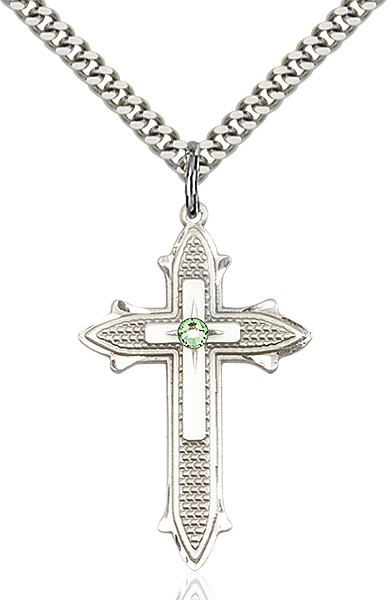 Large Women's Polished and Textured Cross Pendant with Birthstone Option - Peridot