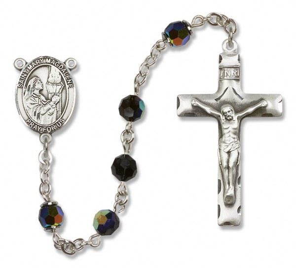 St. Mary Magdalene Sterling Silver Heirloom Rosary Squared Crucifix - Black