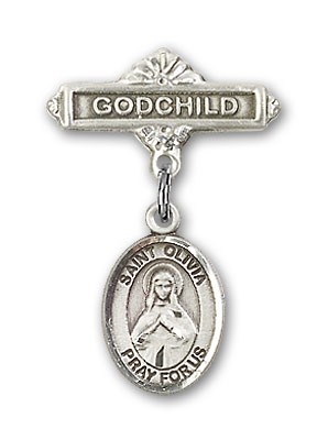Pin Badge with St. Olivia Charm and Godchild Badge Pin - Silver tone
