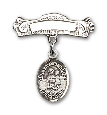 Pin Badge with Our Lady of Knock Charm and Arched Polished Engravable Badge Pin - Silver tone