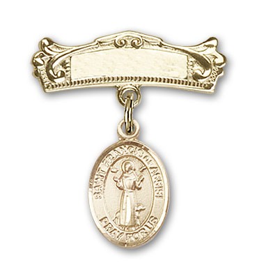 Pin Badge with St. Francis of Assisi Charm and Arched Polished Engravable Badge Pin - 14K Solid Gold