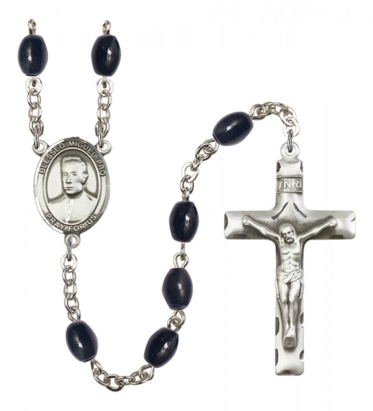 Men's Blessed Miguel Pro Silver Plated Rosary - Black Oval