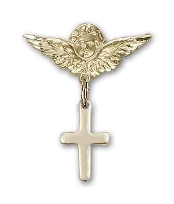 Baby Pin with Cross Charm and Angel with Smaller Wings Badge Pin - 14K Solid Gold