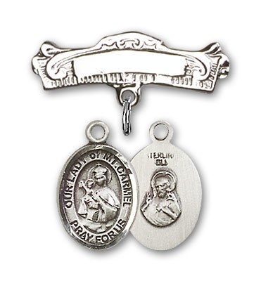 Pin Badge with Our Lady of Mount Carmel Charm and Arched Polished Engravable Badge Pin - Silver tone