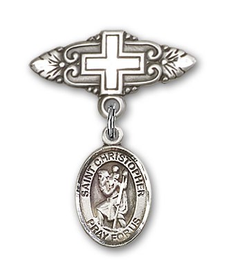 Pin Badge with St. Christopher Charm and Badge Pin with Cross - Silver tone