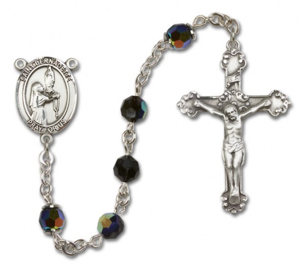 St. Bernadette Sterling Silver Heirloom Rosary Fancy Crucifix - Black