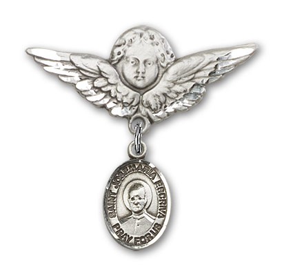 Pin Badge with St. Josemaria Escriva Charm and Angel with Larger Wings Badge Pin - Silver tone
