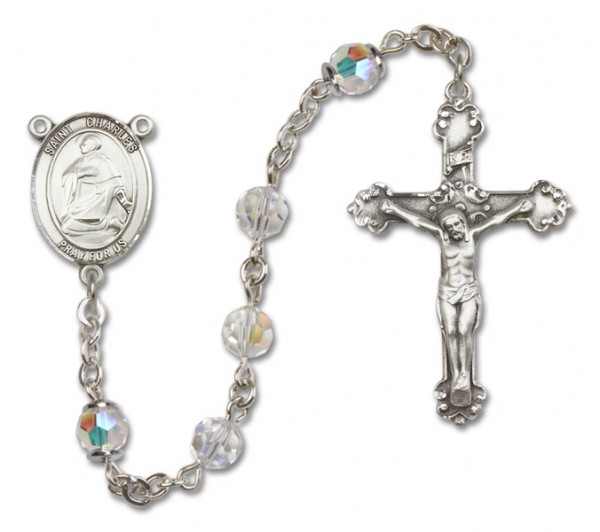 St. Charles Borromeo Sterling Silver Heirloom Rosary Fancy Crucifix - Crystal