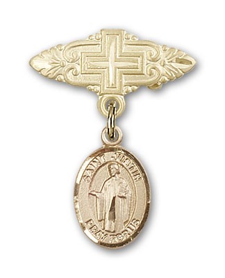 Pin Badge with St. Justin Charm and Badge Pin with Cross - Gold Tone