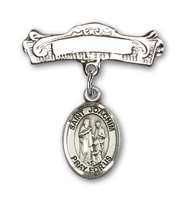 Pin Badge with St. Joachim Charm and Arched Polished Engravable Badge Pin - Silver tone