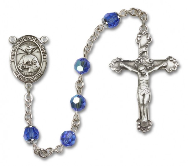 St. Catherine Laboure Sterling Silver Heirloom Rosary Fancy Crucifix - Sapphire