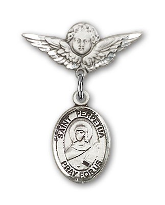Pin Badge with St. Perpetua Charm and Angel with Smaller Wings Badge Pin - Silver tone