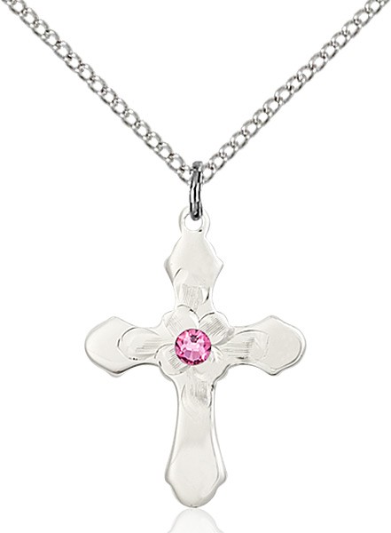Floral Center Youth Cross Pendant with Birthstone Options - Rose