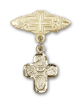 Pin Badge with 4-Way Charm and Badge Pin with Cross - Gold Tone