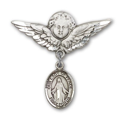 Pin Badge with Our Lady of Peace Charm and Angel with Larger Wings Badge Pin - Silver tone