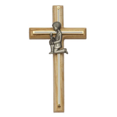 First Communion Cross Boy's in Oak and Brass - 8&quot;H - Light Brown