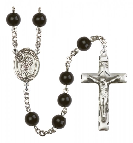 Men's St. Peter Nolasco Silver Plated Rosary - Black