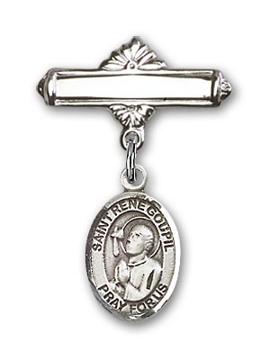 Pin Badge with St. Rene Goupil Charm and Polished Engravable Badge Pin - Silver tone