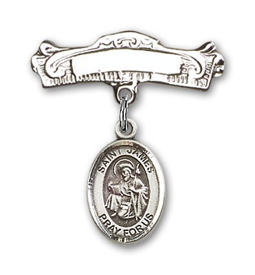 Pin Badge with St. James the Greater Charm and Arched Polished Engravable Badge Pin - Silver tone