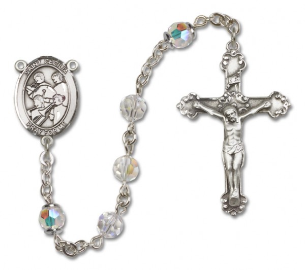 St. Cecilia with Marching Band Sterling Silver Heirloom Rosary Fancy Crucifix - Crystal