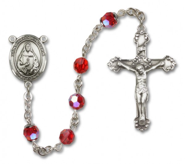 St. Theodora Guerin Sterling Silver Heirloom Rosary Fancy Crucifix - Ruby Red